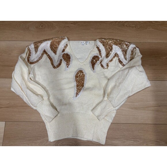 VINTAGE Lillie Rubin Sequin Sweater Ivory Gold White 80s Dolman Knit Size S - Picture 1 of 10